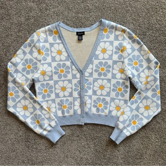 Justify Blue and Yellow Floral Grid Pattern Women's Cardigan Sweater Large - Picture 2 of 9